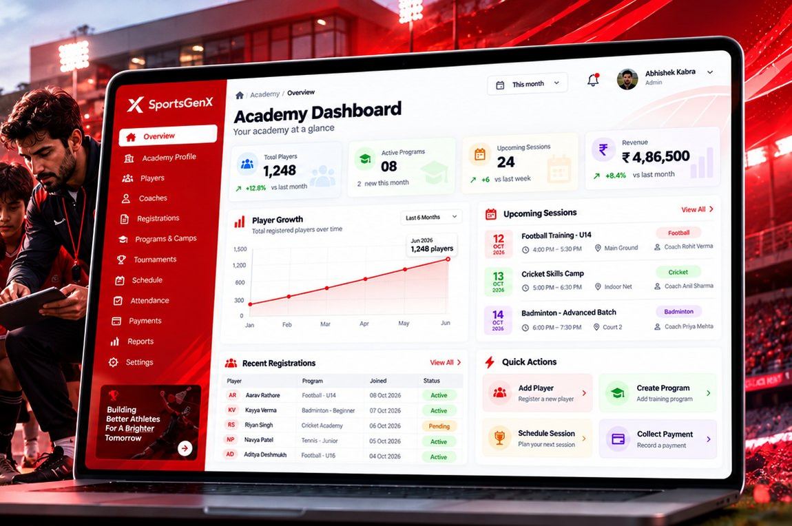 SportsGenX academy dashboard showing players, programs, upcoming sessions and revenue